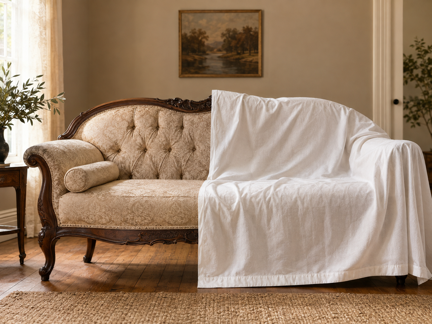 Antique sofa partially protected by a reusable white cover