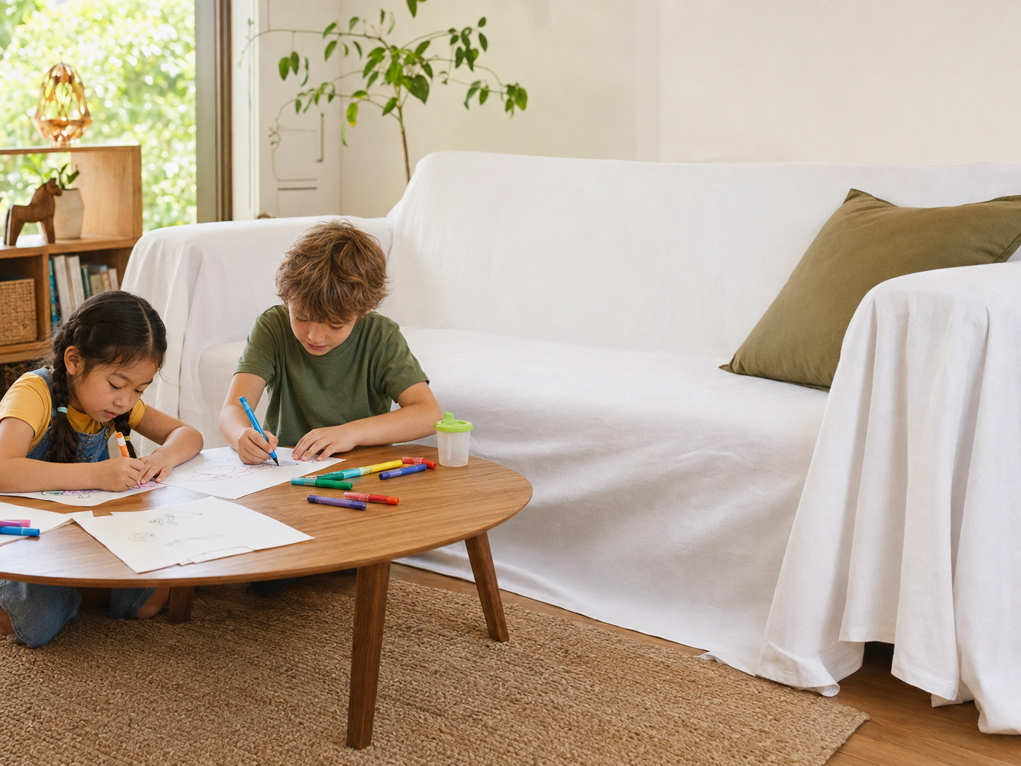 Children playing near a sofa protected with a reusable white cover