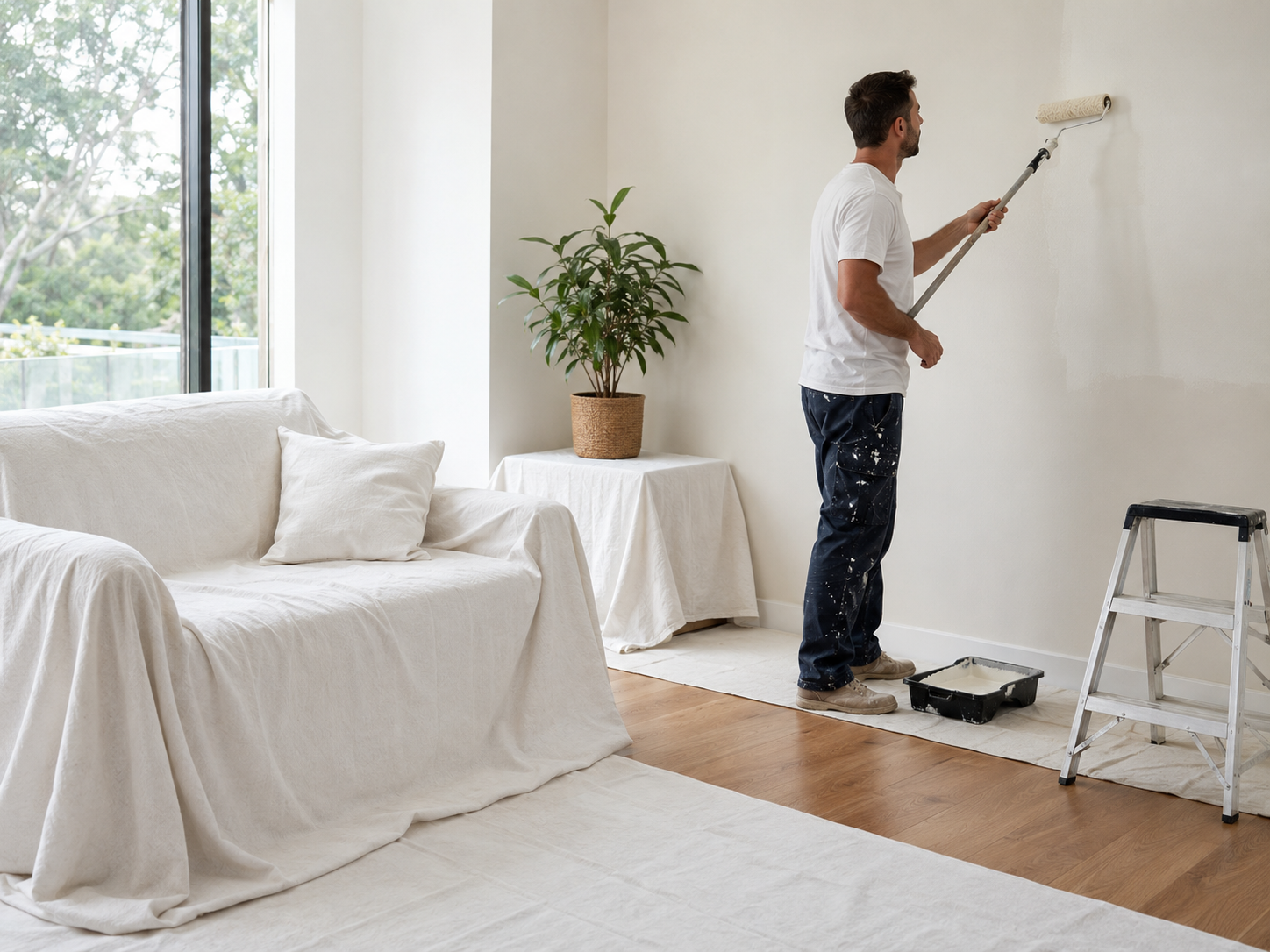 Furniture protected with covers during painting