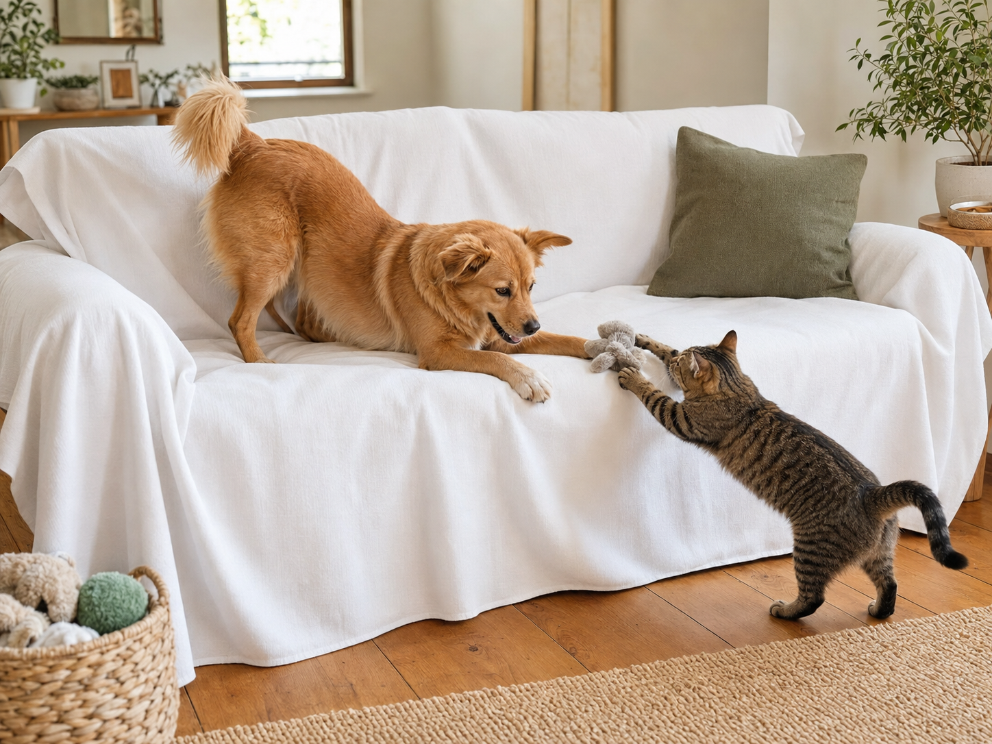 Dog and cat playing on a sofa protected with a reusable white cover